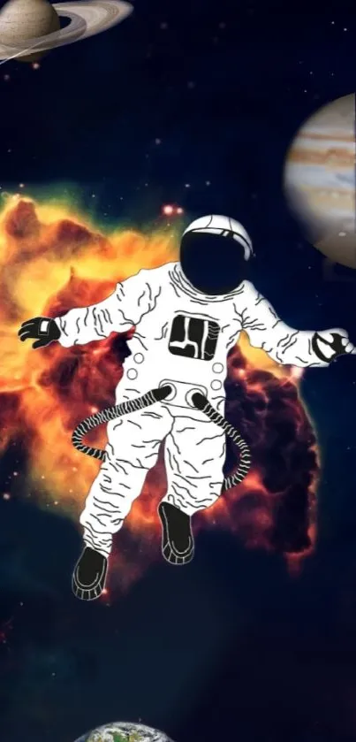 Astronaut floating in colorful cosmic space with planets and stars.