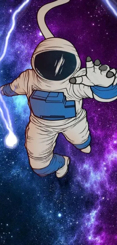 Astronaut floating in vibrant purple space with cosmic backdrop.