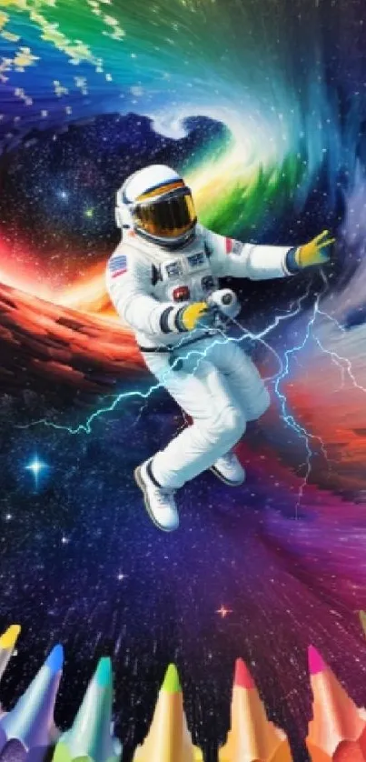 Astronaut floating in vibrant rainbow cosmic scene with crayons.