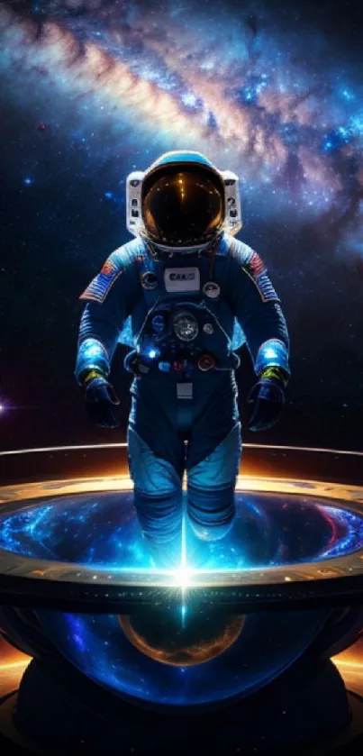 Astronaut in a cosmic vortex with galaxies swirling.