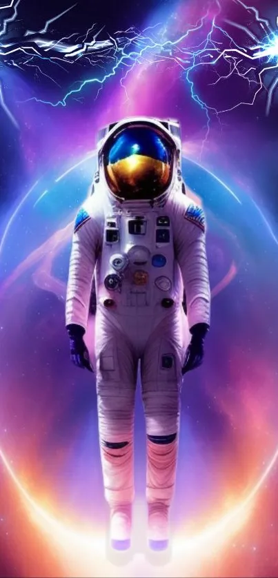 Astronaut floating in cosmic purple vortex with electric aura.