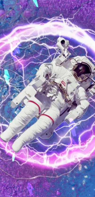 Astronaut floating in a vibrant purple cosmic vortex.