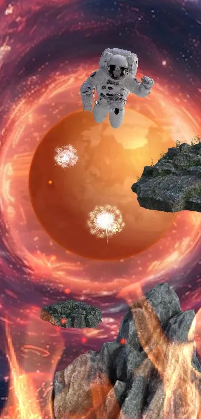 Astronaut floating in cosmic vortex with rocks and fiery effects.