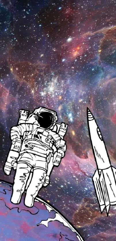 Astronaut and rocket in a colorful cosmic vortex wallpaper.