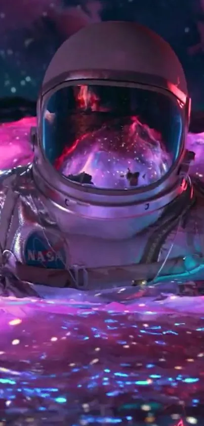 Astronaut immersed in neon, cosmic-themed waters under starry skies.