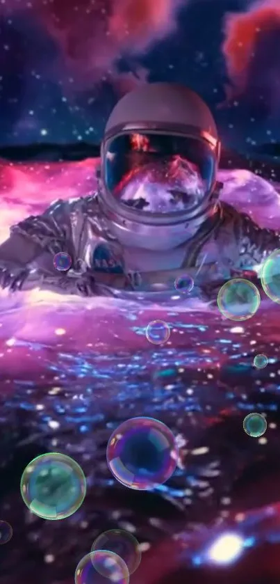 Astronaut surrounded by galaxies and bubbles in vibrant colors.