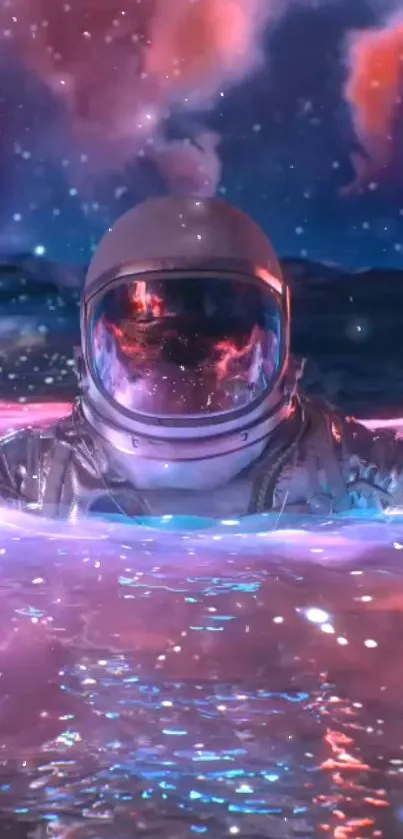 Astronaut floating in a neon cosmic ocean.