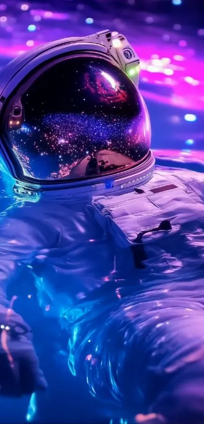 Astronaut floating in cosmic blue waters with neon lights.