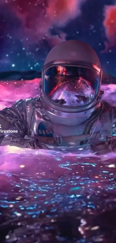 Astronaut floating in cosmic purple waters with a nebula sky.