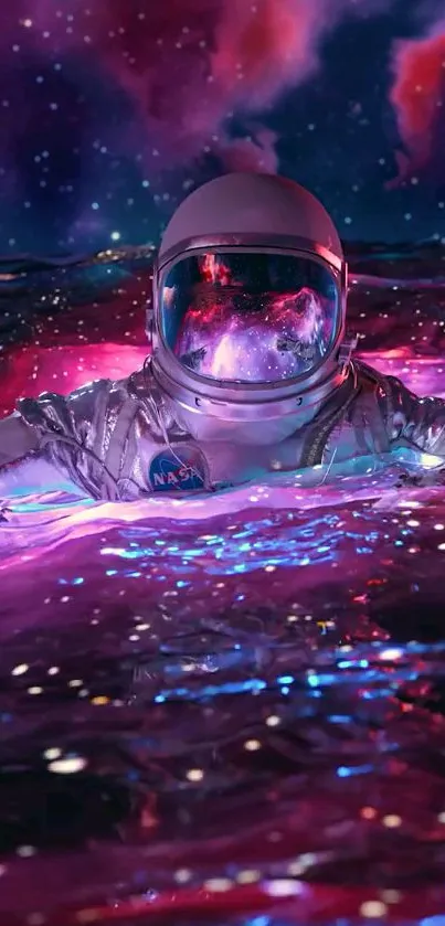 Astronaut drifting in vibrant cosmic waters under a starry sky.