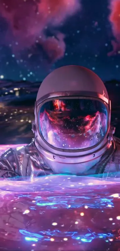 Astronaut floating in a cosmic pink and purple water landscape.