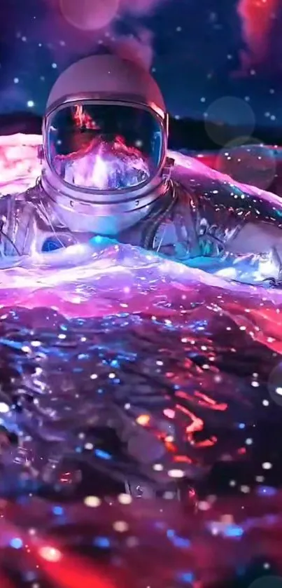 Astronaut floating in colorful cosmic waves with a starry sky.