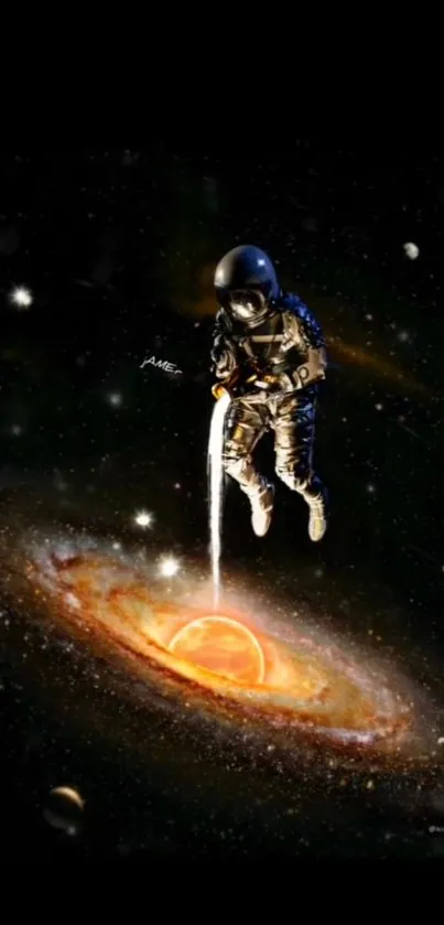 Astronaut floating in a cosmic galaxy with bright swirling colors.