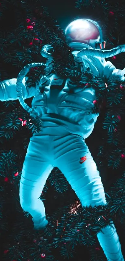 Astronaut tangled in cosmic foliage under teal light.