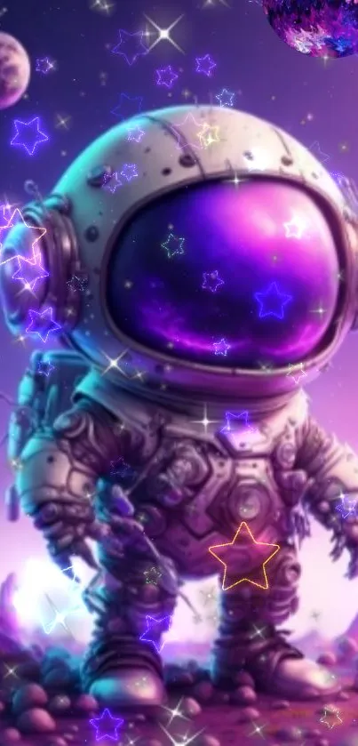 Astronaut with neon stars in a purple cosmic landscape.