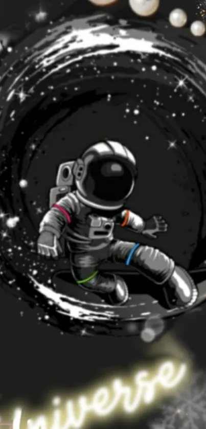 Astronaut surfing in a dark, swirling galaxy with sparkling stars.