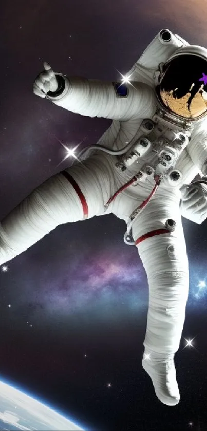 Astronaut floating in deep space, with planets and stars in the background.