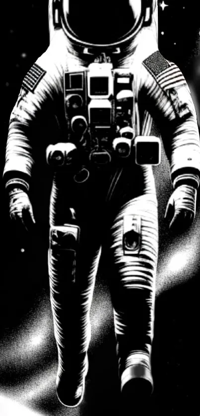 Black and white artwork of astronaut in deep space with stars and planets.