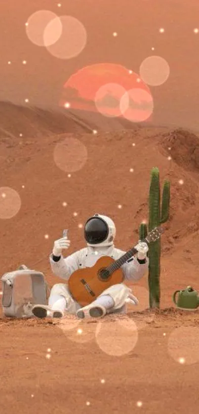 Astronaut plays guitar in desert sunset with a cactus nearby.