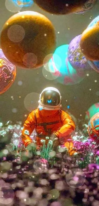 Astronaut surrounded by vibrant, floating planets in a dreamlike setting.