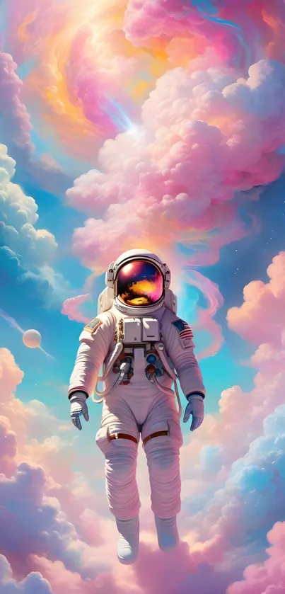 Astronaut floats amidst colorful dreamlike clouds.