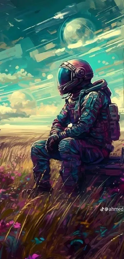 Astronaut seated in a colorful field with a vibrant sky backdrop.