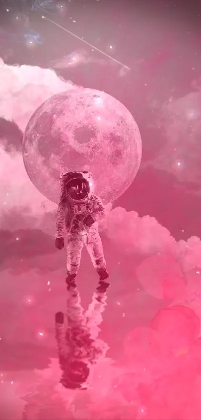 Astronaut under pink moon with dreamy clouds in surreal wallpaper.