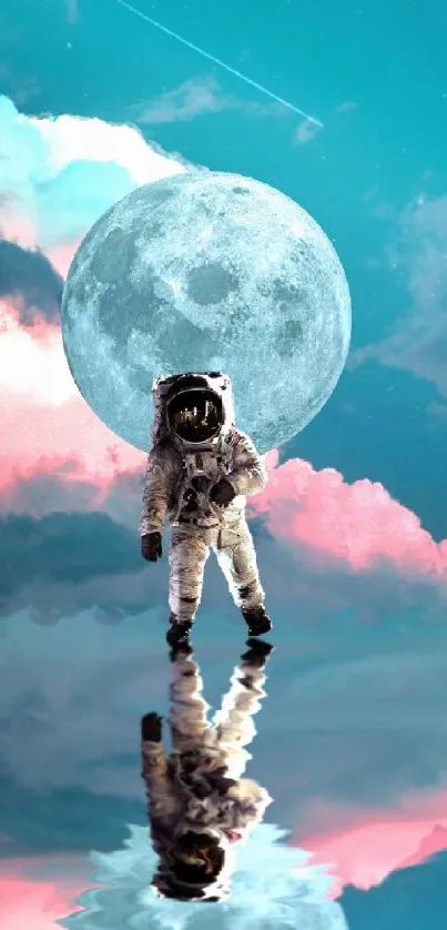 Astronaut standing on reflective water with moon and clouds.