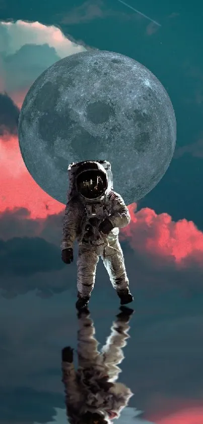 Astronaut walking with moon in sky background.