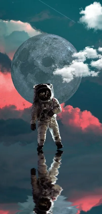 Astronaut walking on water under a moonlit sky with clouds.