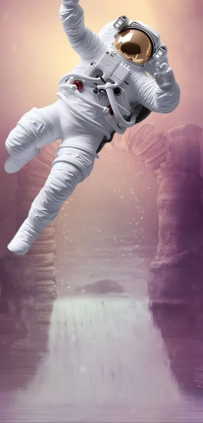 Astronaut floating in a mystical, dreamy cosmic scene with purple tones.