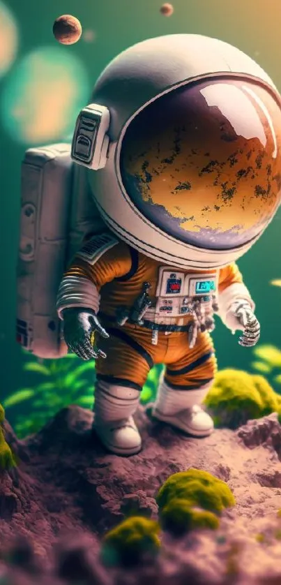 Astronaut standing on alien terrain under a surreal sky.