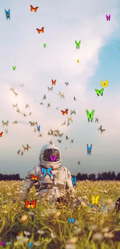 Astronaut in field with butterflies under a pastel sky.