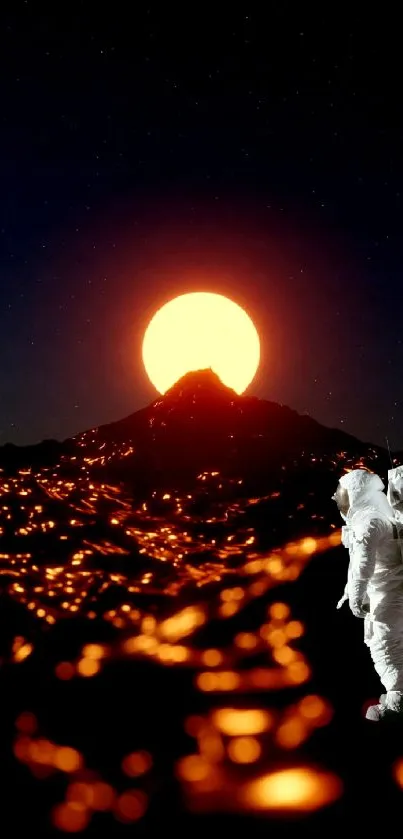 Astronaut near a glowing sun over a fiery volcanic landscape.