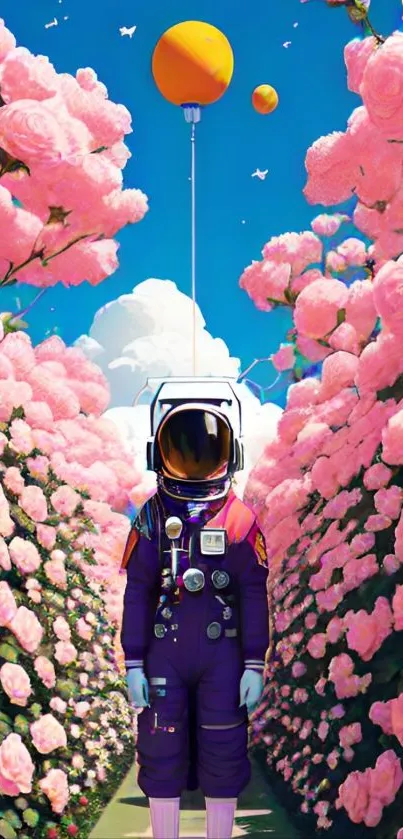 Astronaut stands in a pink rose garden, holding a balloon, under a blue sky.