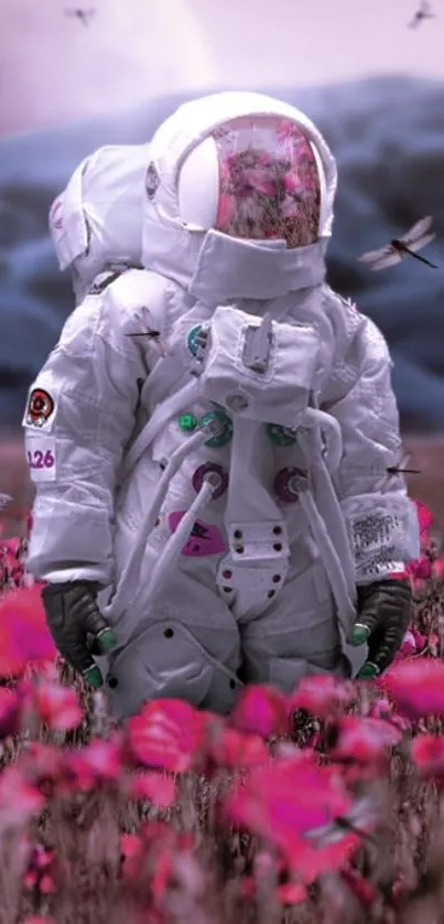 Astronaut standing in a pink flower field.