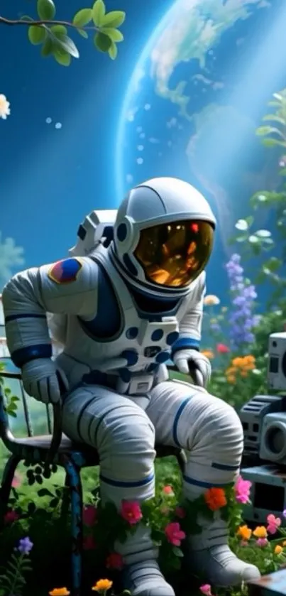 Astronaut seated in a colorful garden with a planetary backdrop.