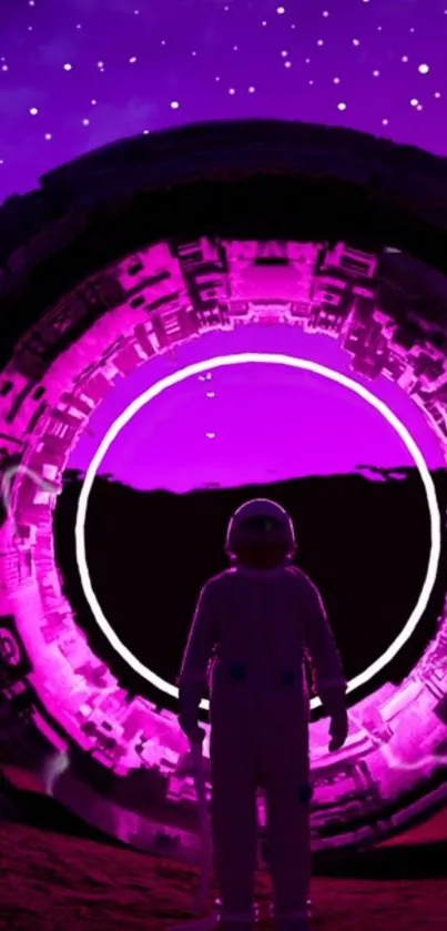 Astronaut stands before a vibrant, futuristic purple portal under a starry sky.