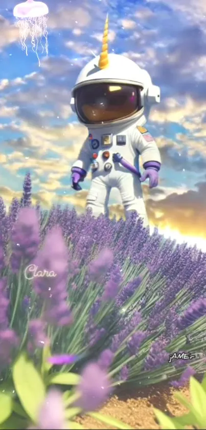 Astronaut with unicorn horn in lavender field under a dreamy sky in mobile wallpaper art.