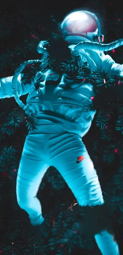 Astronaut with luminous teal suit in a lush forest background.