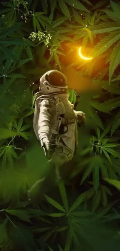 Astronaut amidst lush green leaves and glowing light.