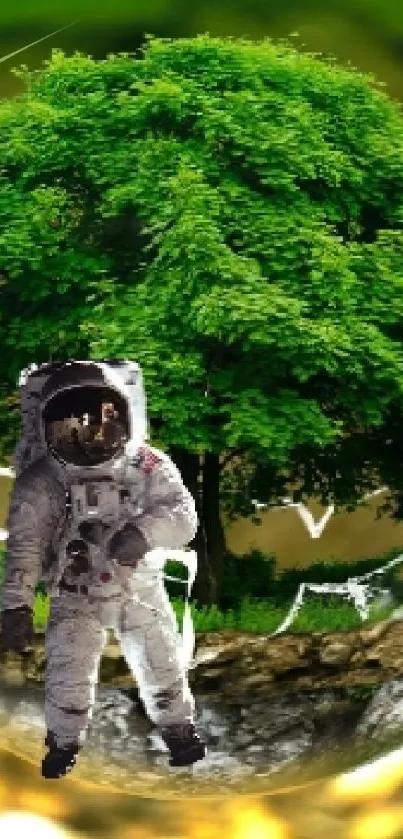 Astronaut in a green, lush landscape within a glass sphere.