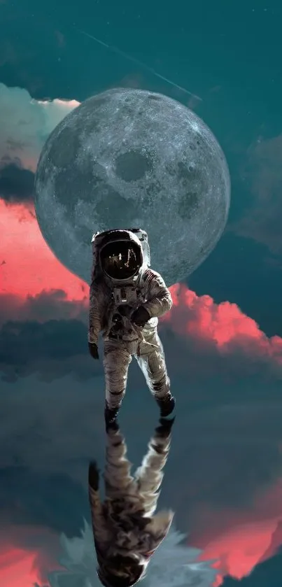 Astronaut stands before a moonlit sky with vibrant clouds.
