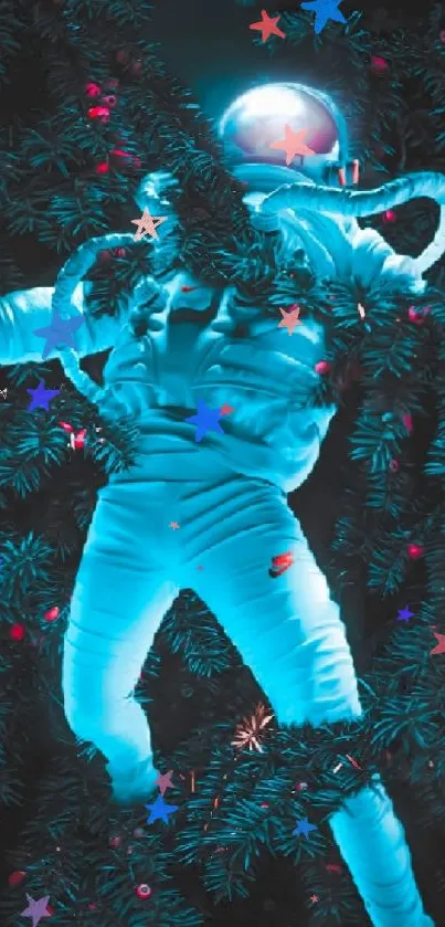 Astronaut floating in a neon-lit forest scene.