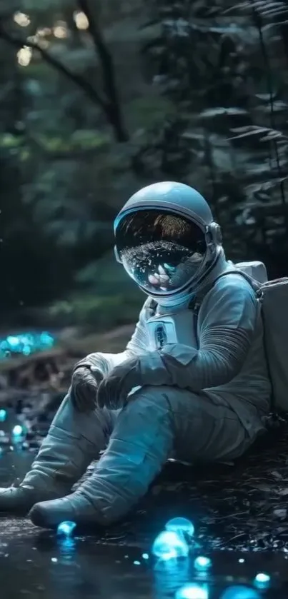Astronaut sitting in a forest with glowing blue lights around.