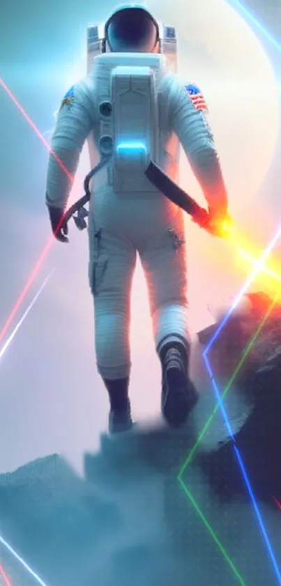 Astronaut walking in a vivid neon space scene.