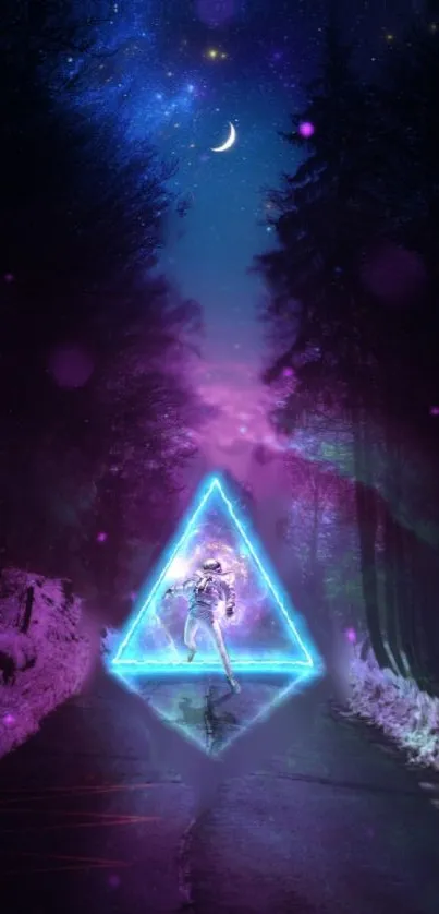 Astronaut in neon-lit forest with cosmic sky and crescent moon.