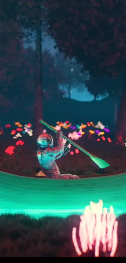 Astronaut paddling through a neon-lit forest with colorful flowers.