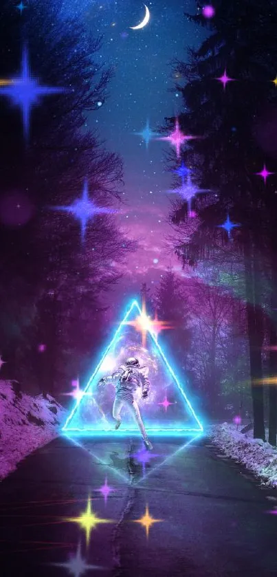 Astronaut walking through a neon-lit forest under a cosmic night sky.