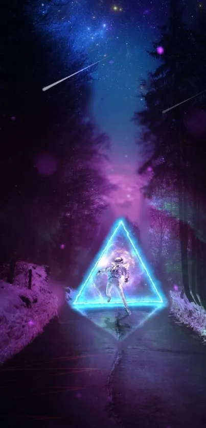 Astronaut in neon triangle amidst forest with a cosmic night sky.